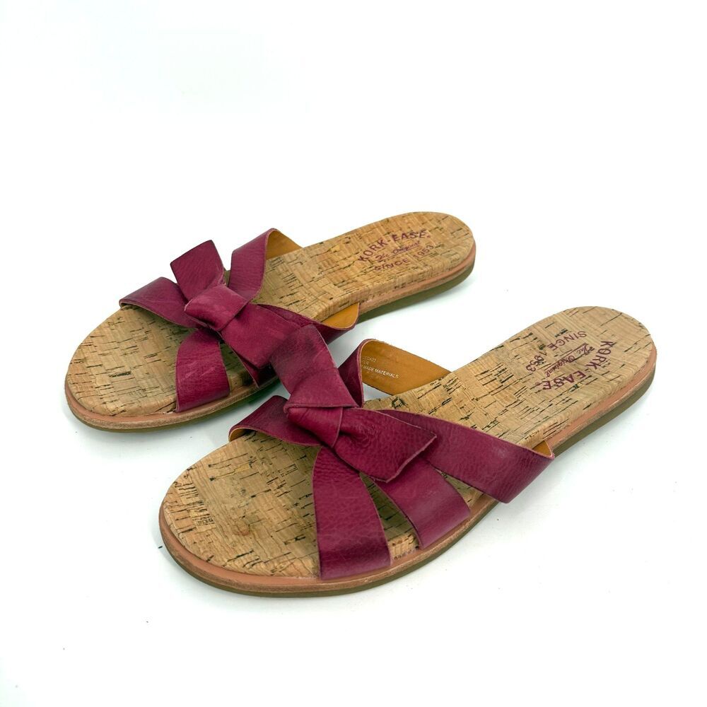 Kork-Ease Brigit Bow Leather Slide Flat Sandal Pink Strappy Preppy Summer Sz 10